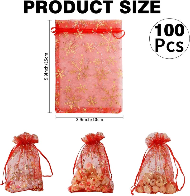 BOEIAC Snowflake Organza Bags, 100 PCS Christmas Sheer Organza Bags with Drawstring 4 x 6 inch, Jewelry Gift Bag, Red Small Mesh Goodies Xmas Wedding Favor Mini Candy Pouches Bag for Christmas Party Favors - Image 2